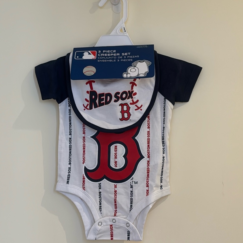 MLB- Boston Red Sox:  Baby Outfit  (3 piece set: body suit, bib and booties)